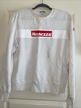 Moncler White Pullover with Red Logo Panel
